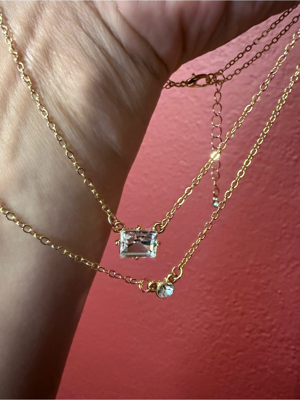 Gold Double-Layer Crystal Pendant Necklace